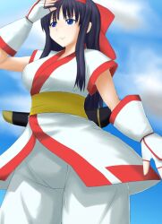1girl ainu_clothes blue_eyes blue_hair breasts fingerless_gloves from_below gloves hair_ribbon hand_on_own_head highres large_breasts legs long_hair nakoruru pants ribbon samurai_spirits smile snk solo the_king_of_fighters thighs weapon