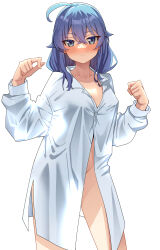  1girl absurdres ahoge blue_eyes blue_hair blush breasts chubb closed_mouth collarbone covered_erect_nipples cowboy_shot crossed_bangs hair_flaps hands_up highres light_frown long_hair long_sleeves looking_at_viewer medium_breasts mushoku_tensei naked_shirt paid_reward_available partially_unbuttoned roxy_migurdia see-through_silhouette shirt simple_background solo white_background white_shirt  rating:Questionable score:68 user:danbooru