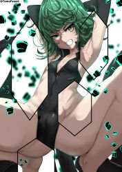 1girl absurdres armpits arms_behind_head arms_up artist_name aura black_dress blurry blurry_background breasts cameltoe cleft_of_venus clenched_teeth curly_hair debris detached_sleeves dress flipped_hair floating floating_object glaring glowing green_eyes green_hair highres one-punch_man pelvic_curtain short_hair side_slit small_breasts solo spread_legs squatting tatsumaki teeth tomodachi_(tomofanart) twitter_username white_background x-ray rating:Questionable score:37 user:danbooru
