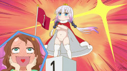  2girls artist_name blue_eyes blush blush_stickers bohegao bottomless brown_hair cape child_on_child cleft_of_venus clothed_female_nude_female crossed_arms crown fat_mons female_focus flag flower full-face_blush full_body functionally_nude fur_trim gluteal_fold green_eyes hair_bobbles hair_flower hair_ornament hands_on_own_face heart heart_in_mouth highres inset jitome kanna_kamui kobayashi-san_chi_no_maidragon loli long_hair long_twintails motion_lines multicolored_hair multiple_girls naked_cape navel no_mouth no_panties nude official_style open_mouth purple_hair pussy saikawa_riko sanpaku signature smoog standing thighhighs trembling twintails watermark white_thighhighs yuri 