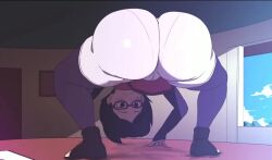  1girl all_fours arm_warmers ass ass_focus bent_over black_hair blush boruto:_naruto_next_generations closed_mouth d-art glasses huge_ass naruto_(series) on_table pants red-framed_eyewear red_shirt shirt sleeves_past_wrists spiked_hair table thick_thighs thighs uchiha_sarada white_pants 