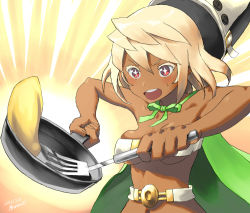  +_+ 1girl alternate_hair_color alternate_hair_length alternate_hairstyle arc_system_works bare_shoulders belt belt_bra blonde_hair breasts cape cleavage cooking dark-skinned_female dark_skin food frying_pan guilty_gear hat neck_ribbon omelet omurice open_mouth ramlethal_valentine red_eyes ribbon solo spatula sweatdrop yellow_background zaki_(narashigeo)  rating:Sensitive score:9 user:BBubba