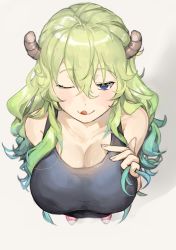 10s 1girl ;d ;q bare_shoulders blue_eyes blush breasts desuzee dragon_girl dragon_horns from_above gradient_hair hair_between_eyes half-closed_eyes hand_on_own_chest highres horns kobayashi-san_chi_no_maidragon large_breasts licking_lips long_hair looking_at_viewer lucoa_(maidragon) multicolored_hair naughty_face one_eye_closed open_mouth smile solo tank_top tongue tongue_out two-tone_hair rating:Sensitive score:42 user:danbooru