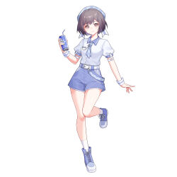  1girl bang_dream! bang_dream!_it&#039;s_mygo!!!!! bianxieshi_aji_ng blue_footwear blue_hat blue_necktie blue_shorts brown_eyes can chinese_commentary closed_mouth collared_shirt commentary_request commission drinking_straw full_body grey_hair hat highres holding holding_can looking_at_viewer necktie second-party_source shirt shoes short_hair short_sleeves shorts simple_background smile sneakers socks solo takamatsu_tomori white_background white_shirt white_socks wrist_cuffs 