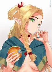  1girl artist_name blonde_hair braid breasts dungeon_meshi eyelashes food green_eyes highres holding holding_food long_hair looking_at_viewer marcille_donato meisaki patreon_username pointy_ears simple_background small_breasts solo white_background  rating:Questionable score:9 user:danbooru