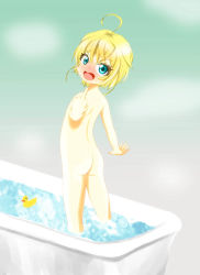  10s 1girl ahoge ass bird blonde_hair blue_eyes blush duck female_focus flat_chest hair_between_eyes loli looking_at_viewer middle_finger nude open_mouth ricky_(detail) rubber_duck short_hair solo standing steam tanya_degurechaff tub water youjo_senki  rating:Questionable score:32 user:Domestic_Importer