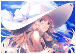 1girl blonde_hair bow braid cloud cloudy_sky colored_eyelashes creatures_(company) day game_freak green_eyes hair_bow hand_on_own_chest hat hat_ribbon highres light_frown lillie_(pokemon) long_hair looking_back nintendo open_mouth pokemon pokemon_sm r.aka. ribbon sky stray_hair sun_hat twin_braids 