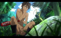  1boy baseball_bat brown_eyes brown_hair erection grass highschool_of_the_dead komuro_takashi male_focus nature nude nude_filter outdoors penis plant praying_mantis sky solo third-party_edit uncensored  rating:Explicit score:53 user:Ears