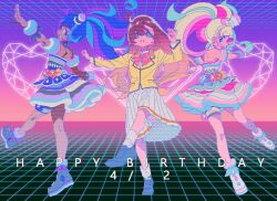 3girls ahoge archived_source bad_id bad_twitter_id blonde_hair blue_eyes blue_hair blunt_bangs boots brown_hair daia_(pri_chan) dancing dark-skinned_female dark_skin dress full_body fur-trimmed_boots fur_trim hands_up happy_birthday hat headset highres idol_clothes image_sample kirarigaoka_middle_school_uniform kiratto_pri_chan kuro_daia_(pri_chan) long_hair long_sleeves looking_at_viewer looking_back mini_hat multicolored_clothes multicolored_dress multicolored_hair multiple_girls nijinosaki_dia open_mouth outstretched_arms pink_hair pleated_skirt pretty_series school_uniform shirt shoes sidelocks skirt smile spread_arms standing standing_on_one_leg streaked_hair twintails twitter_sample vaporwave very_long_hair white_footwear white_shirt white_skirt zashima