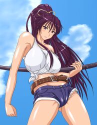  1girl alternate_hair_color bare_arms bare_shoulders belt blue_shorts blue_sky blush breasts brown_belt closed_mouth cloud cloudy_sky commentary_request day denim denim_shorts feet_out_of_frame gluteal_fold hair_ribbon head_tilt holding holding_sheath holding_sword holding_weapon kanzaki_kaori katana large_breasts light_blush long_hair looking_at_viewer makoto_(mk10) midriff outdoors ponytail purple_eyes purple_hair ribbon sheath sheathed shichiten_shichitou shiny_clothes shiny_skin shirt short_shorts shorts sky solo stomach strap_slip sword tank_top thighs tied_shirt toaru_majutsu_no_index very_long_hair weapon white_shirt white_tank_top yellow_ribbon 