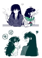  ... 1boy 2girls against_railing age_comparison between_fingers blunt_bangs bored cigarette contemporary eye_contact hand_on_own_chin hand_up highres higurashi_kagome holding holding_cigarette inuyasha inuyasha_(character) jungyun99 kikyou_(inuyasha) long_hair long_sleeves looking_at_another looking_away low_ponytail multiple_girls multiple_views open_mouth pointing ponytail profile railing school_uniform scolding serafuku sidelocks sideways_glance simple_background skull_and_crossbones smoke smoking spoken_ellipsis spoken_object spoken_skull squiggle sweatdrop upper_body white_background 