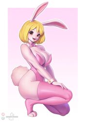  1girl blonde_hair bow bowtie breasts brown_eyes carrot_(one_piece) curvy easter highres leotard looking_at_viewer one_piece pakwan008 pink_leotard rabbit_girl  rating:Sensitive score:38 user:SonicmewX