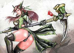  1girl absurdres alternate_costume artist_request ass black_panties breasts brown_hair coattails forehead_jewel gloves green_eyes hair_ornament hat headgear highres large_breasts long_hair looking_at_viewer panties scythe shin_sangoku_musou shiny_clothes shiny_skin sideboob solo thick_thighs thighhighs thighs underwear weapon white_gloves yue_ying 