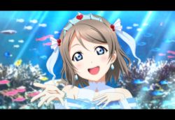  1girl blue_eyes bracelet cleavage_cutout clothing_cutout commentary_request coral_reef earrings fish grey_hair hair_ornament hand_on_own_chest jewelry kazuma_(theworld000021) koi_ni_naritai_aquarium letterboxed long_sleeves looking_at_viewer love_live! love_live!_sunshine!! reaching reaching_towards_viewer short_hair sidelocks solo tiara underwater upper_body watanabe_you 