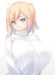  1girl :&gt; absurdres blonde_hair breasts bright_pupils closed_mouth gradient_background green_eyes grey_background half_updo highres huge_breasts long_sleeves looking_at_viewer original ribbed_sweater shiki_(psychedelic_g2) short_hair smile solo sweater swept_bangs turtleneck turtleneck_sweater upper_body white_background white_pupils white_sweater  rating:General score:8 user:danbooru