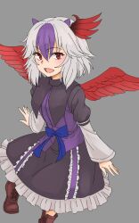  1girl black_dress brown_footwear commentary dress frilled_dress frills grey_background grey_hair head_wings highres horns kakone layered_sleeves long_sleeves looking_at_viewer multicolored_hair one-hour_drawing_challenge open_mouth purple_hair red_eyes red_wings short_hair short_over_long_sleeves short_sleeves simple_background single_head_wing solo streaked_hair tokiko_(touhou) touhou wings 