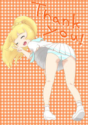  1girl ass blonde_hair creatures_(company) facing_viewer female_focus from_behind full_body game_freak hand_up kneepits leaning_forward legs lillie_(pokemon) long_hair microsd_(pibo) nintendo no_pants panties pleated_skirt pokemon pokemon_sm shirt shoes short_sleeves skirt smile socks solo standing striped_clothes striped_panties thank_you underwear white_shirt white_socks  rating:Questionable score:41 user:LightfurySoulmate