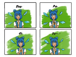  1girl blue_hair cirno comic despacito deviantartmossington english_text fairy green_background highres ice ice_wings looking_at_viewer loss_(meme) meme musical_note pegazora spoken_musical_note tan tanned_cirno touhou wings 