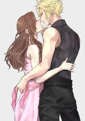  1boy 1girl 26caaan aerith_gainsborough arm_around_back bare_arms bare_shoulders belt black_belt black_pants closed_eyes cloud_strife couple dress earrings final_fantasy final_fantasy_vii final_fantasy_vii_rebirth final_fantasy_vii_remake grey_background grey_shirt hair_between_eyes half-closed_eyes hand_on_another&#039;s_chin hetero holding holding_ribbon imminent_kiss jewelry long_dress long_hair looking_at_another multiple_belts pants parted_bangs parted_lips pink_dress pink_ribbon ribbon shirt short_hair sidelocks single_earring sleeveless sleeveless_dress sleeveless_turtleneck spiked_hair sundress turtleneck wavy_hair 