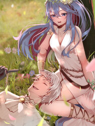  1boy 1girl armlet armpits artist_request bare_shoulders blonde_hair blue_eyes blush bracelet breasts cleavage clenched_hand closed_eyes collarbone collared_shirt day dress embarrassed fire_emblem fire_emblem_awakening fire_emblem_heroes flower_hair_ornament gloves grass hair_between_eyes hand_on_another&#039;s_head highres index_finger_raised intelligent_systems jewelry laughing legs long_dress long_hair long_sleeves looking_at_another lucina_(fire_emblem) lucina_(valentine)_(fire_emblem) matching_hair/eyes nature neck neckerchief nintendo no_bra official_alternate_costume on_grass open_mouth outdoors robin_(fire_emblem) robin_(male)_(fire_emblem) rope_belt sandals shirt short_hair side_slit sidelocks sleeveless sleeveless_dress small_breasts sundress sweatdrop symbol_in_eye thighs tree white_dress white_hair 