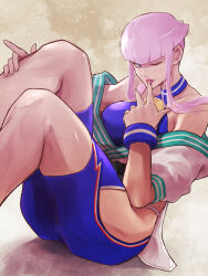 1girl blue_eyes breasts commentary_request dougi flipped_hair french_flag_print halterneck hand_on_own_leg highres hip_vent large_breasts manon_legrand medallion off_shoulder one_eye_closed panty_straps pink_hair short_hair_with_long_locks sitting solo spandex street_fighter street_fighter_6 wristband yuenibushi  rating:Sensitive score:15 user:danbooru