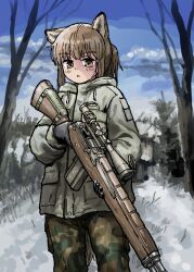  :&lt; absurdres animal_ears brown_eyes brown_hair closed_mouth fox_ears fox_girl fox_girl_(yihan1949) fox_tail gloves gun highres holding holding_weapon military_uniform original ponytail rifle scope sniper_rifle snow tail tree uniform weapon winter winter_clothes yihan1949  rating:General score:5 user:milesseventh