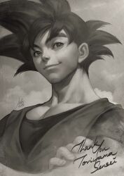  1boy cloud cloudy_sky commentary dragon_ball english_commentary english_text greyscale highres male_focus monochrome muscular muscular_male short_sleeves signature sky smile solo son_goku spiked_hair stanley_lau thank_you toriyama_akira_(character) upper_body 