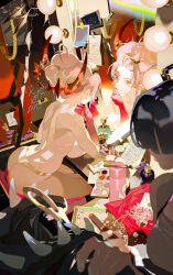  1girl applying_makeup ass backstage breast_rest breasts commentary dressing_room english_commentary hair_up highres hololive hololive_english large_breasts looking_at_mirror makeup mirror mori_calliope pink_hair reflection rei_(sanbonzakura) sitting solo_focus topless virtual_youtuber 