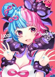 1girl :d aqua_nails bad_id bad_pixiv_id bare_shoulders blue_hair breasts choker cleavage commentary_request double_bun facial_mark hair_bun hair_ornament hands_up infinity_symbol large_breasts looking_at_viewer milestone_celebration multicolored_hair nail_polish octopus_hair_ornament open_mouth original pink_eyes pink_hair ringozaka_mariko sleeveless smile solo split-color_hair star_(symbol) tentacles thank_you two-tone_hair upper_body rating:Sensitive score:0 user:danbooru