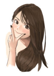  1girl azelweien bare_shoulders blush brown_eyes brown_hair brown_nails closed_mouth commentary cropped_torso english_commentary fingernails hand_up head_rest long_hair looking_at_viewer original portrait simple_background sketch smile solo upper_body v white_background 