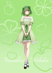  1girl absurdres apple_print bare_legs black_footwear blush character_name choker clover_earrings clover_hair_ornament clover_print commentary crossed_legs dress full_body green_choker green_dress green_eyes green_hair green_theme hair_ornament head_tilt highres idolmaster idolmaster_shiny_colors interlocked_fingers legs looking_at_viewer mary_janes nanakusa_nichika own_hands_together puffy_short_sleeves puffy_sleeves shoes short_hair short_sleeves smile solo watson_cross yamakan_hoshino 
