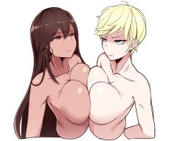 2girls amanda_(soulworker) bad_id bad_pixiv_id blue_eyes breast_press breasts brown_eyes chamchami character_request closed_eyes closed_mouth collarbone commentary_request cropped_torso dark-skinned_female dark_skin earrings eye_contact hair_between_eyes highres hoop_earrings jewelry large_breasts long_hair looking_at_another mole mole_under_eye multiple_girls nude senia_(soulworker) short_hair simple_background soulworker symmetrical_docking upper_body white_background rating:Questionable score:114 user:danbooru