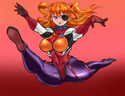 1girl aqua_eyes ass bodysuit breasts brown_hair covered_navel curvy evangelion:_3.0+1.0_thrice_upon_a_time evangelion:_3.0_you_can_(not)_redo eyepatch flexible floating floating_hair full_body gradient_background gymnastics jumping large_breasts looking_at_viewer neon_genesis_evangelion plugsuit rebuild_of_evangelion red_bodysuit sawano_kiyoshi shiny_clothes simple_background solo souryuu_asuka_langley twintails two_side_up rating:Sensitive score:7 user:fakyuh