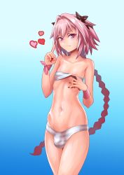  1boy absurdres astolfo_(fate) bulge fate/grand_order fate_(series) hej_(pixiv13035031) highres long_hair pink_hair swimsuit trap  rating:Questionable score:49 user:DoctorWasabi