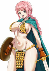  1girl armor bikini_armor braid braided_ponytail breasts brown_eyes cape gladiator green_cape highres holding holding_shield holding_sword holding_weapon large_breasts navel nootomo one_piece open_mouth pelvic_curtain pink_hair rebecca_(one_piece) scale_armor shield simple_background solo sword weapon white_background 