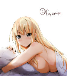 10s 1girl bed_sheet bismarck_(kancolle) black_eyes blanket blonde_hair blush breasts female_focus fuyu_mi kantai_collection large_breasts long_hair looking_at_viewer lying naked_blanket naked_sheet on_stomach pillow sideboob simple_background solo twitter_username under_covers rating:Questionable score:60 user:danbooru