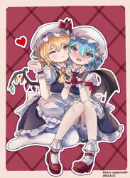  2022 2girls absurdres alternate_costume apron artist_name ascot back_bow bat_wings black_skirt black_vest black_wings blonde_hair bloomers blue_hair blush bobby_socks border bow cheek-to-cheek closed_mouth collared_shirt dated enmaided fang flandre_scarlet frilled_apron frilled_skirt frills full_body hair_between_eyes hat heads_together heart highres maid mary_janes medium_hair mob_cap multicolored_wings multiple_girls nero_augustus no_shoes nose_blush one_eye_closed open_mouth pantyhose pointy_ears puffy_short_sleeves puffy_sleeves red_ascot red_background red_footwear remilia_scarlet shirt shoes short_sleeves siblings simple_background sisters skin_fang skirt skirt_set socks touhou underwear vest waist_apron white_apron white_bloomers white_border white_bow white_hat white_pantyhose white_shirt white_socks wings wrist_cuffs yellow_ascot 
