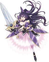  1girl armor armored_dress breasts date_a_live dress full_body long_hair medium_breasts official_art open_mouth purple_dress purple_eyes purple_hair shoulder_armor solo sword tachi-e transparent_background weapon yatogami_tooka 