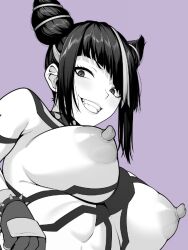  1girl ao_banana black_hair bracelet breasts clenched_teeth from_above greyscale hair_horns han_juri jewelry large_breasts looking_at_viewer monochrome narrowed_eyes nipples no_bra sharp_teeth simple_background smile spikes street_fighter street_fighter_6 teeth 
