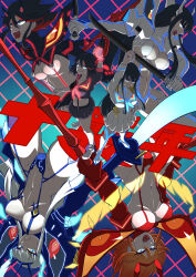  2girls aqua_hair black_hair boots breasts cleavage cleavage_cutout clothing_cutout dual_wielding fingerless_gloves gloves glowing glowing_eyes gluteal_fold hand_up highres holding japanese_text junketsu kikyouta kill_la_kill kiryuuin_satsuki large_breasts looking_at_viewer matoi_ryuuko military_uniform multicolored_hair multiple_girls navel open_mouth orange_hair over_shoulder red_hair revealing_clothes school_uniform scissor_blade_(kill_la_kill) senketsu shoes short_hair siblings sisters smile suspenders sword teeth thigh_boots thighhighs two-tone_hair underboob uniform weapon  rating:General score:9 user:halkras12
