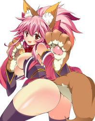  1girl absurdres animal_ears animal_hands ass bell black_thighhighs blush breasts collar detached_sleeves fang fate/grand_order fate_(series) fox_ears fox_tail hair_ribbon highres japanese_clothes large_breasts long_hair looking_at_viewer looking_back neck_bell nib_pen_(medium) nipples open_mouth pink_hair ribbon simple_background solo tail tamamo_(fate) tamamo_cat_(fate) tamamo_cat_(first_ascension)_(fate) tamamo_no_mae_(fate/extra) thighhighs tomatomato_(tomato_kanzume) traditional_media white_background yellow_eyes 