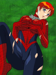  1girl 2000s_(style) blue_eyes bodysuit breasts cosplay covered_erect_nipples curvy cuts full_body grass injury large_breasts lying marvel mary_jane_watson on_back orange_hair short_hair spider-man_(cosplay) spider-man_(series) torn_bodysuit torn_clothes  rating:Sensitive score:0 user:Reikemo