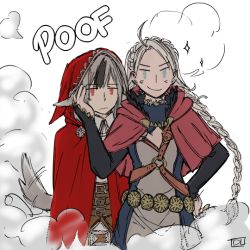  2girls ahoge animal_ears armor artist_name black_hair blue_eyes blush braid capelet chest_harness colorfag commentary_request dlanon fire_emblem fire_emblem_fates grey_hair greyscale hand_on_another&#039;s_cheek hand_on_another&#039;s_face hand_on_own_hip harness hood hooded_capelet leather long_braid long_hair looking_at_viewer low_twintails monochrome multicolored_hair multiple_girls nina_(fire_emblem) nintendo o-ring parted_bangs red_eyes smile smoke sparkle tail tail_wagging twin_braids twintails two-tone_hair upper_body velouria_(fire_emblem) wolf_ears wolf_tail 