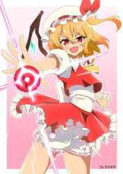  1girl ascot blonde_hair bloomers commentary_request crystal fang flandre_scarlet frilled_skirt frills gradient_background hat hat_ribbon highres kaisendonburi looking_at_viewer mob_cap open_mouth outline pink_background red_eyes red_ribbon red_skirt red_vest ribbon shirt short_sleeves shorts skin_fang skirt smile solo touhou twitter_username underwear v-shaped_eyebrows vest white_hat white_outline white_shirt wings yellow_ascot  rating:General score:4 user:danbooru