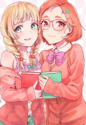  2girls absurdres bare_shoulders book bow bowtie braid breasts brown_cardigan brown_hair cardigan chitani_hinako closed_mouth clover clover_hair_ornament collared_shirt commentary_request dress_bow fang four-leaf_clover glasses green_eyes hair_ornament highres holding holding_book light_blush looking_at_viewer medium_breasts medium_hair multiple_girls naruse_akino off_shoulder official_art open_mouth polka_dot purple_bow purple_bowtie red-framed_eyewear red_eyes school_uniform shiny_skin shirt short_hair shousetsu_no_kamisama simple_background smile tenacitysaho twin_braids upper_body wing_collar x_hair_ornament 