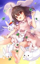 1girl animal_ears barefoot black_hair blunt_bangs carrot_necklace cloud clover collared_dress dress eyelashes floating floppy_ears four-leaf_clover frilled_dress frilled_sleeves frills full_moon holding holding_clover inaba_tewi jewelry kedama_milk looking_at_viewer moon necklace night night_sky official_art open_mouth pink_dress puffy_short_sleeves puffy_sleeves rabbit rabbit_ears rabbit_tail red_eyes red_ribbon ribbon ribbon-trimmed_dress ribbon-trimmed_sleeves ribbon_trim short_dress short_hair short_sleeves sky smile star_(sky) tail teeth touhou touhou_cannonball upper_teeth_only v rating:General score:5 user:danbooru