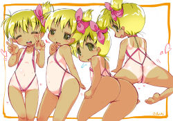  10s 1girl ^_^ ass blonde_hair blush bushiroad cardfight!!_vanguard closed_eyes daimonji_nagisa double_v flat_chest hair_ribbon happy heart hoshino_darts loli looking_at_viewer looking_back multiple_views one-piece_tan open_mouth partially_visible_vulva pussy pussy_peek ribbon short_hair slingshot_swimsuit smile spread_legs swimsuit tan tanline v yellow_eyes  rating:Explicit score:49 user:danbooru