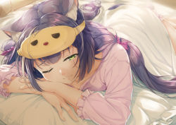 1girl ;s animal_ear_fluff animal_ears black_hair blanket blush cat_ears cat_girl closed_mouth collarbone frilled_sleeves frills green_eyes hair_ribbon karyl_(princess_connect!) long_hair long_sleeves looking_at_viewer lying mask mask_on_head messy_hair miri_(ago550421) multicolored_hair on_bed on_stomach pillow pink_shirt princess_connect! purple_ribbon ribbon shirt sleep_mask solo streaked_hair under_covers very_long_hair waking_up white_hair rating:Sensitive score:14 user:danbooru