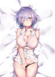 1girl ;( absurdres ase_tou_mi_kaameru bad_id bad_pixiv_id bare_arms bare_shoulders bed_sheet black_bra black_panties blue_hair blush bra breast_hold breasts buttons cleavage closed_mouth collarbone collared_shirt cowboy_shot cum cum_on_body cum_on_breasts cum_on_upper_body fate/grand_order fate_(series) from_above gradient_hair hair_between_eyes highres large_breasts looking_at_viewer looking_up mash_kyrielight multicolored_hair panties panty_pull purple_eyes purple_hair see-through shirt short_hair sleeveless sleeveless_shirt solo tareme thigh_gap thighs underwear white_shirt wing_collar rating:Explicit score:16 user:danbooru