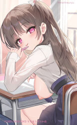 1girl :p bag blue_skirt blush bow breasts brown_hair chair closed_mouth commentary_request day desk flashing hair_bow hand_up holding holding_pen indoors large_breasts long_hair long_sleeves looking_at_viewer looking_back natsuki_marina nipples one_breast_out one_side_up oppai_challenge original pen pleated_skirt school_bag school_chair school_desk school_uniform shirt skirt sleeves_past_wrists smile solo tongue tongue_out twitter_username very_long_hair white_bow white_shirt window 